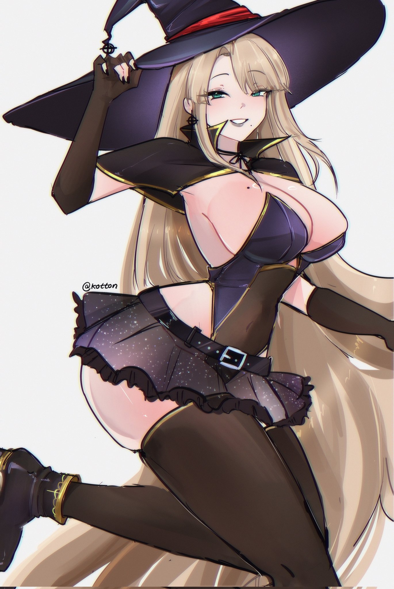 serafineart1001, original, highres, 1girl, ass, blonde hair, breasts, capelet, earrings, elbow gloves, gloves, grin, hat, huge ass, jewelry, large breasts, lipstick, long hair, looking at viewer, makeup, microskirt, mole, mole on breast, mole under mouth, navel, simple background, skirt, smile, solo, thighhighs, very long hair, white background, witch, witch hat