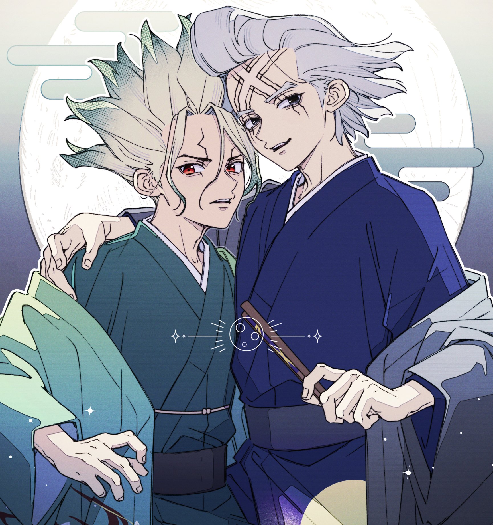 ishigami senkuu, dr. stone, highres, 2boys, arms around neck, black eyes, blue kimono, green hair, green kimono, hand fan, holding, holding fan, japanese clothes, kimono, long hair, multiple boys, open mouth, red eyes, siemiruv, simple background, white hair, xeno (dr.stone)