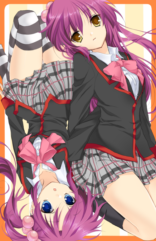 amagu, sacraneco, futaki kanata, saigusa haruka, little busters!, striped legwear, bad id, bad pixiv id, 2girls, asymmetrical hair, bow, hair ornament, multiple girls, pink bow, plaid clothes, plaid skirt, school uniform, siblings, side ponytail, sisters, skirt, socks, striped clothes, striped thighhighs, thighhighs, twins