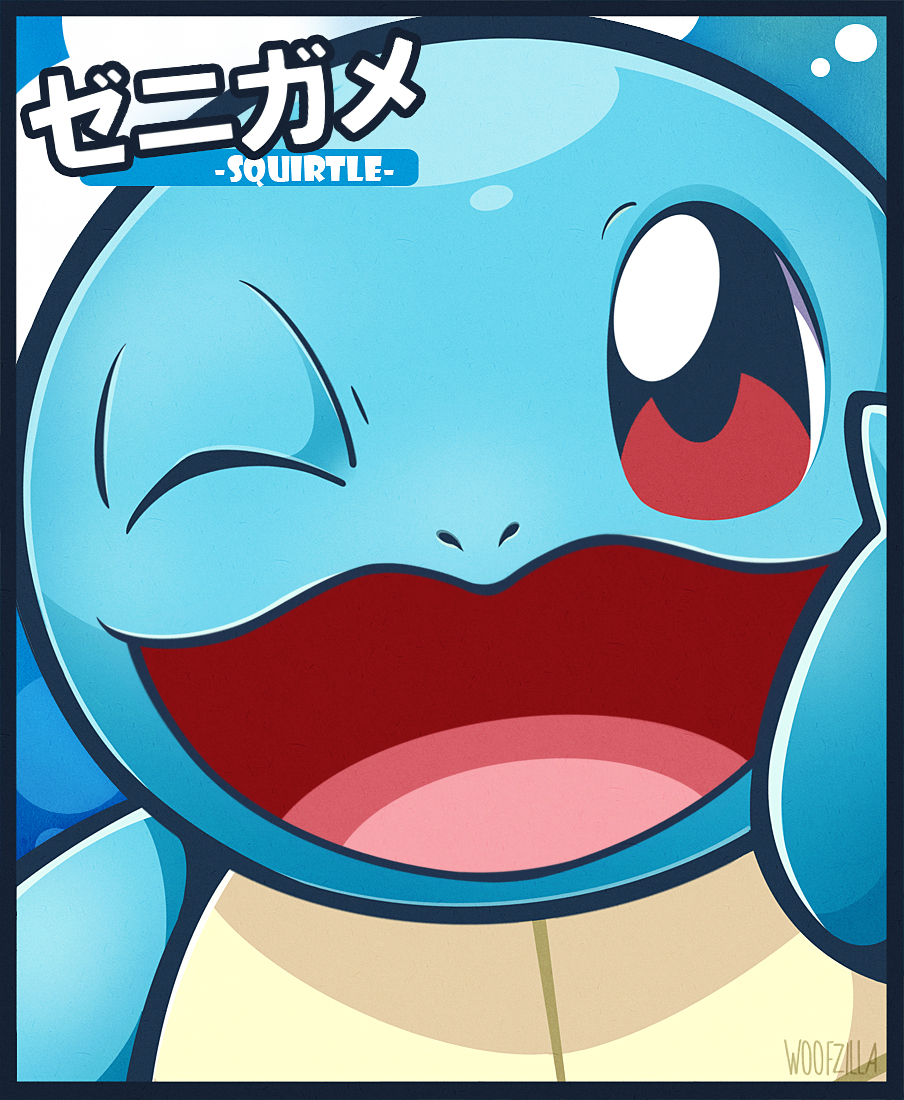 woofzilla, squirtle, nintendo, pokemon, commentary, english commentary, translation request, character name, gen 1 pokemon, looking at viewer, no humans, nostrils, one eye closed, open mouth, pokemon (creature), red eyes, solo