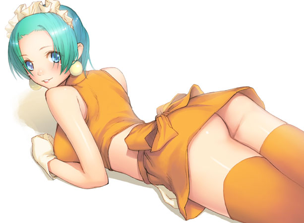 kage yuu, ragnarok online, bad id, bad pixiv id, 1girl, aqua hair, ass, bare shoulders, blue eyes, blush, earrings, female focus, gloves, jewelry, kafra uniform, looking at viewer, lying, midriff, no panties, on stomach, orange thighhighs, short hair, simple background, solo, thighhighs, white background, white gloves
