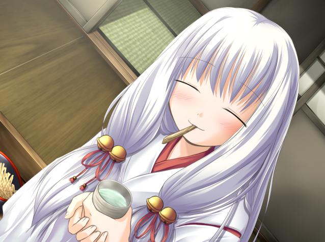nimura yuuji, arima yuzu, over (company), tsuki kagerou, game cg, non-web source, 00s, 1girl, bell, blush, closed eyes, dutch angle, female focus, food, food in mouth, japanese clothes, long hair, miko, mouth hold, pretz in mouth, pretzel, solo, white hair