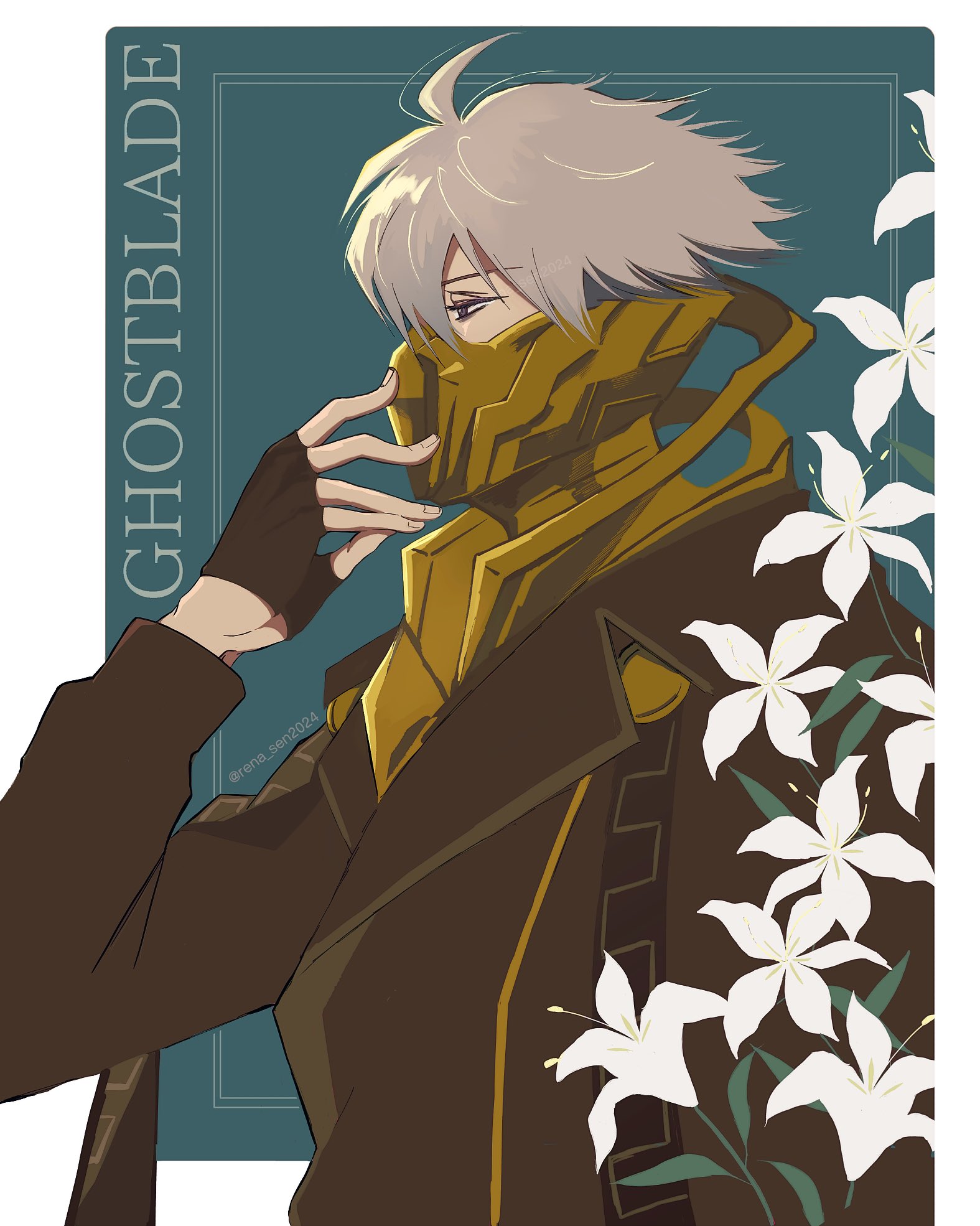 ghostblade (to be hero x), to be hero, to be hero x, white lily, highres, 1boy, adjusting mask, ahoge, black gloves, black jacket, brown eyes, character name, expressionless, fingerless gloves, from side, gloves, gold mask, hand up, jacket, jacket on shoulders, male focus, mask, rena sen2024, short hair, solo, upper body, white hair