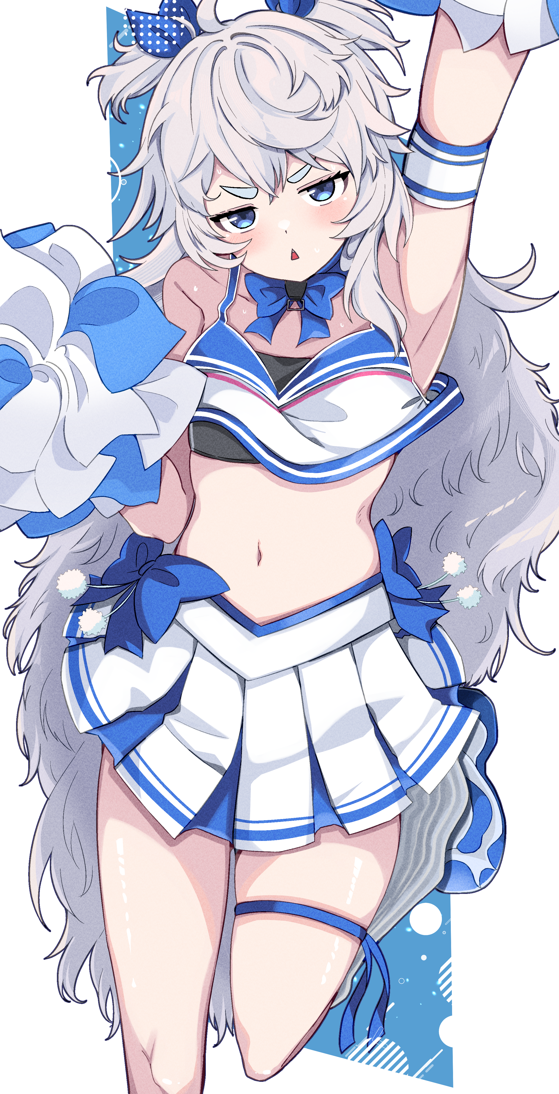 oi tie, poli (cheer up police) (nikke), poli (nikke), goddess of victory: nikke, fluffy hair, absurdres, highres, 1girl, arm up, armband, blue bow, blue bowtie, blue eyes, blue ribbon, blue skirt, blush, bow, bowtie, cheerleader, crop top, grey hair, hair ribbon, hand up, long hair, looking at viewer, loose socks, navel, pleated skirt, pom pom (cheerleading), ribbon, shirt, shoes, skirt, sleeveless, sneakers, socks, solo, sports bra, standing, standing on one leg, thigh strap, triangle mouth, two-tone shirt, two side up, v-shaped eyebrows, very long hair, white background, white shirt, white socks