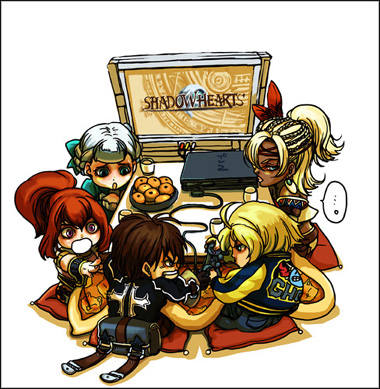 ki-ei, alice elliot, johnny garland, karin koenig, shania, yuri hyuga, shadow hearts, shadow hearts from the new world, shadow hearts ii, lowres, …, 2boys, 3girls, angry, arguing, blonde hair, blue eyes, brown hair, chibi, controller, copyright name, cushion, dark-skinned female, dark skin, eye contact, food, fruit, full body, game console, game controller, high ponytail, kotatsu, looking at another, mandarin orange, multiple boys, multiple girls, orange hair, playing games, ponytail, red hair, simple background, sitting, speech bubble, spoken ellipsis, table, television, white background, white hair