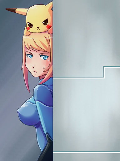 marono piyoichi, pikachu, samus aran, metroid, nintendo, pokemon, super smash bros., 1girl, :<, blush, breasts, covered erect nipples, crossover, gen 1 pokemon, hiding, medium breasts, on head, pokemon (creature), pokemon on head, sweatdrop, v-shaped eyebrows, zero suit