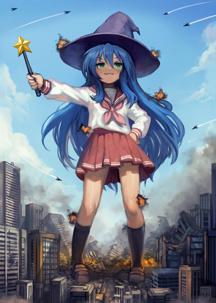 yilx, izumi konata, lucky star, 1girl, :3, aircraft, airplane, black socks, blue hair, brown shoes, city, explosion, fighter jet, giant, giantess, green eyes, hat, holding, holding wand, loafters, looking at viewer, military vehicle, neckerchief, red neckerchief, red skirt, rubble, ryouou school uniform, school uniform, serafuku, shoes, skirt, socks, solo, wand, witch hat