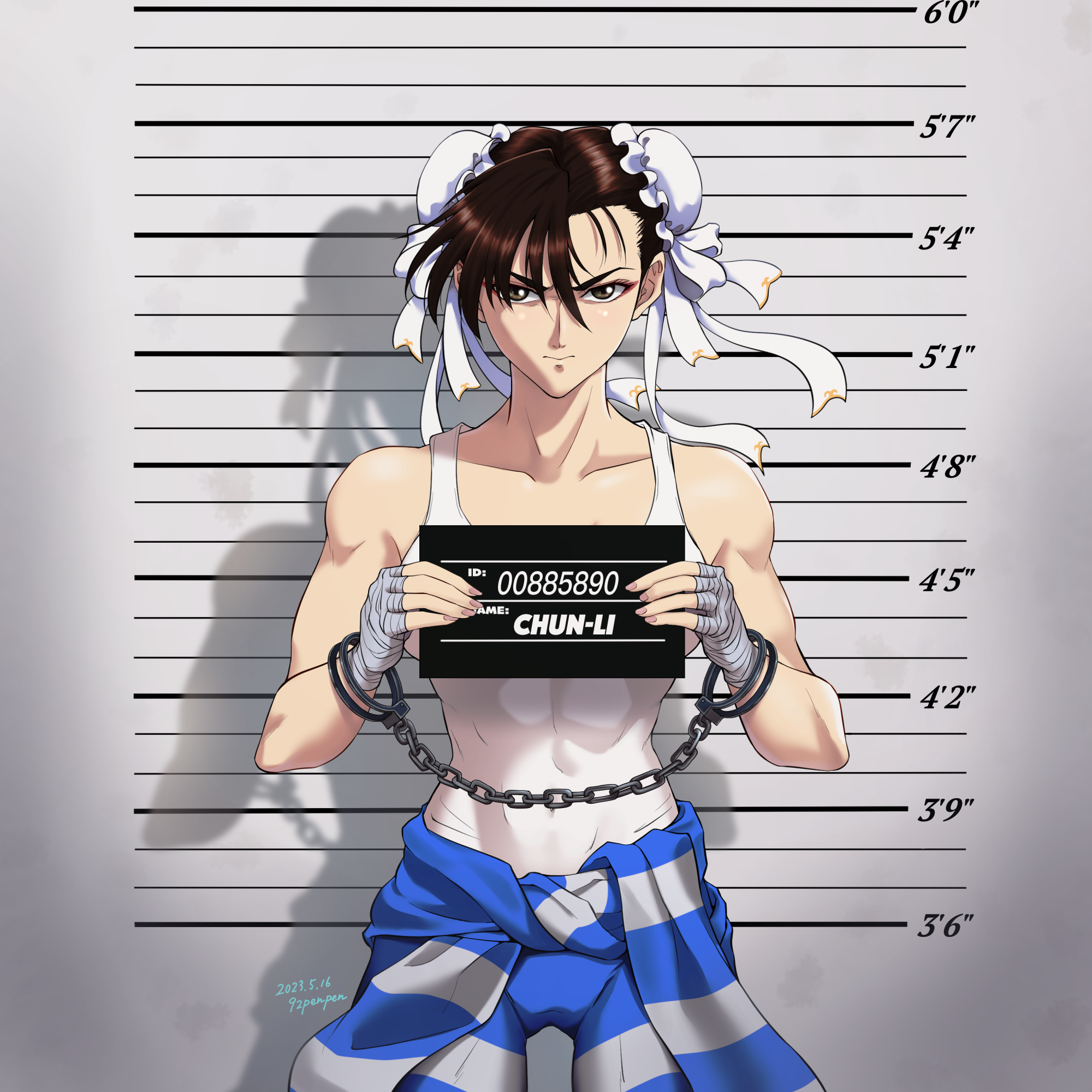 92penpen, chun-li, luca balsa, capcom, street fighter, commission, highres, pixiv commission, 1girl, cuffs, handcuffs, mugshot, prison clothes, shackles