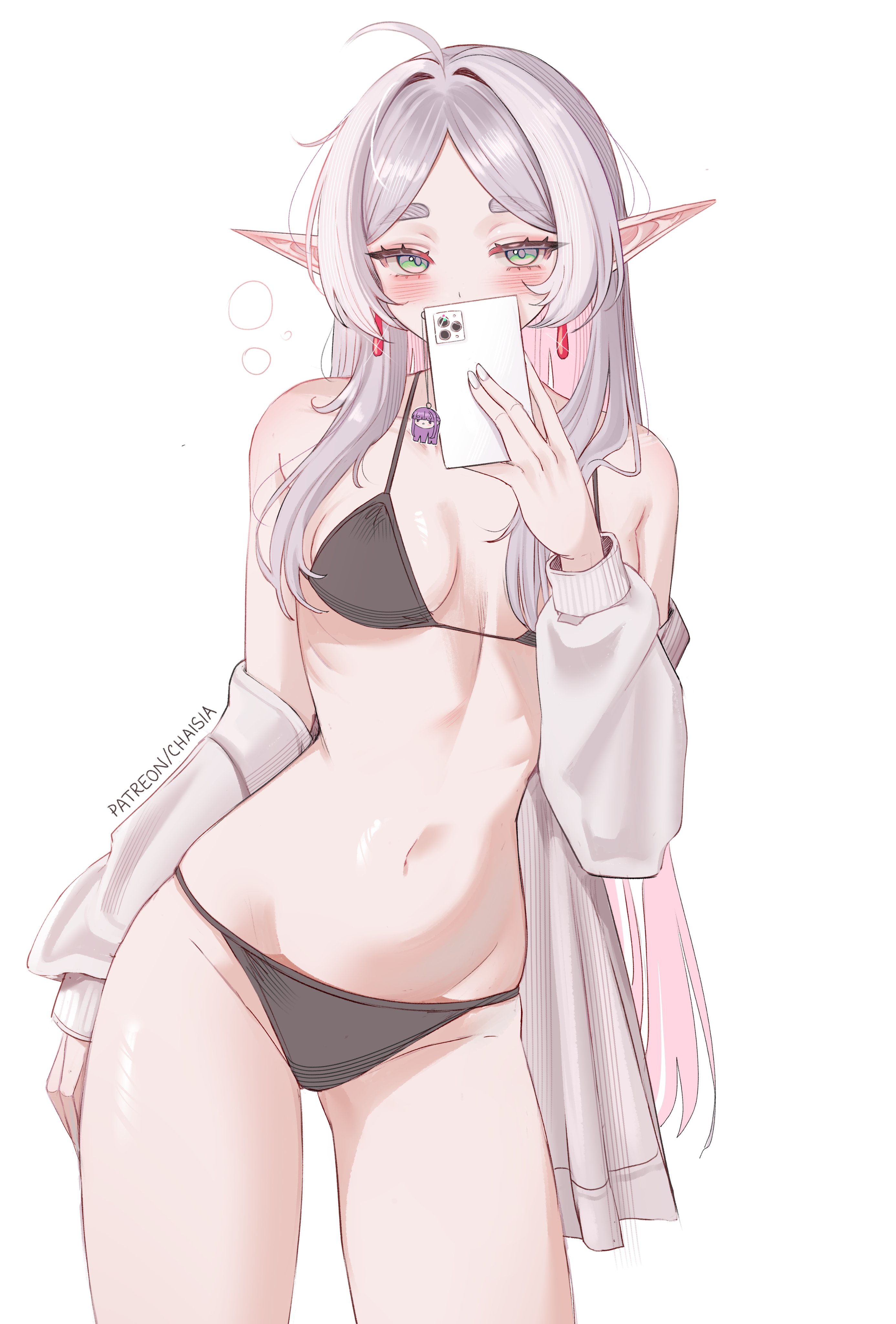 chaisia art, fern (sousou no frieren), frieren, sousou no frieren, absurdres, highres, 1girl, bare shoulders, black bra, black panties, blush, bra, breasts, cardigan partially removed, cellphone, earrings, elf, green eyes, hair down, hair intakes, holding, holding phone, jewelry, long hair, long sleeves, looking at viewer, messy hair, panties, parted bangs, phone, pointy ears, sleepy, smartphone, solo, taking picture, teardrop earrings, thick eyebrows, underwear, white background, white hair
