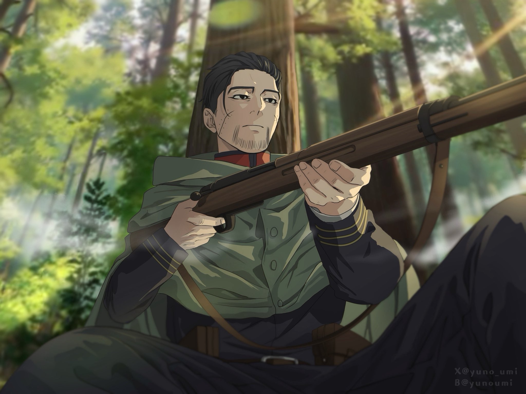 washiko (rasuko), ogata hyakunosuke, golden kamuy, highres, 1boy, black eyes, black hair, black pants, blurry, blurry background, closed mouth, facial hair, forest, goatee stubble, male focus, nature, outdoors, pants, scar, scar on face, short hair, sitting, solo, stubble, tree, weapon