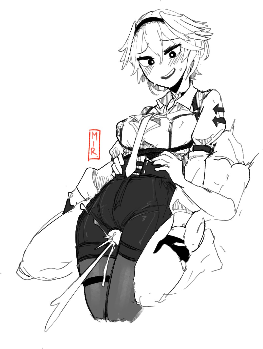 mir (miryumiya), character request, copyright request, highres, tagme, monochrome, simple background, thigh sex