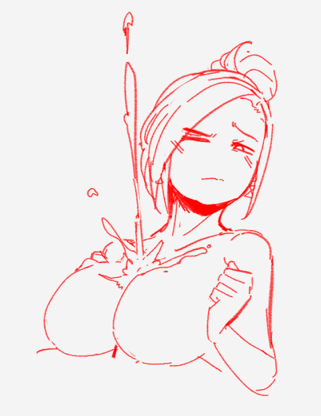 mir (miryumiya), character request, copyright request, tagme, 1girl, breasts, breasts squeezed together, cum, hair bun, large breasts, paizuri, simple background