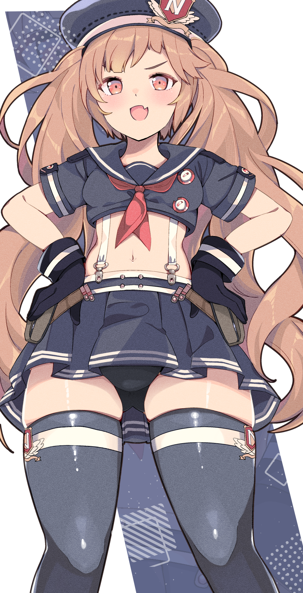 oi tie, miranda (nikke), goddess of victory: nikke, highres, 1girl, black gloves, black panties, black sailor collar, black shirt, black skirt, black thighhighs, blush, brown eyes, brown hair, cropped shirt, fang, gloves, hands on own hips, hat, long hair, looking at viewer, military hat, navel, neckerchief, open mouth, panties, pantyshot, pleated skirt, pouch, red neckerchief, sailor collar, shirt, skin fang, skirt, solo, standing, suspender skirt, suspenders, thighhighs, twintails, underwear, v-shaped eyebrows, very long hair, white background
