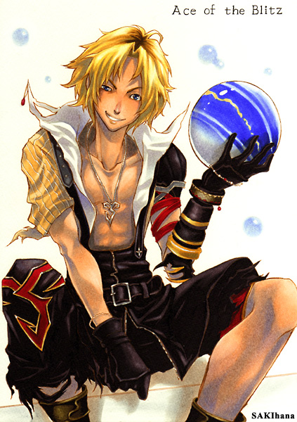 nabeya sakihana, tidus, dissidia final fantasy, final fantasy, final fantasy x, traditional media, 00s, 1boy, ball, blitzball, blonde hair, blue eyes, chain, gloves, jewelry, male focus, necklace, open clothes, open shirt, shirt, short hair, sitting, smirk, solo, torn clothes