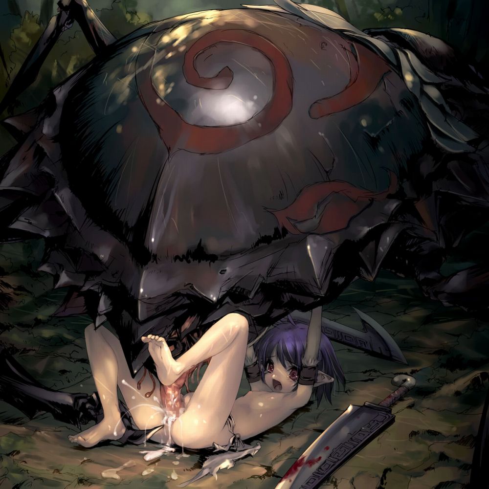 hitomaru, 1girl, barefoot, bestiality, bug, censored, cum, cum in pussy, cum pool, cumdrip, feet, flat chest, loli, monster, nude, pointy ears, rape, sex, size difference, sword, vaginal, weapon