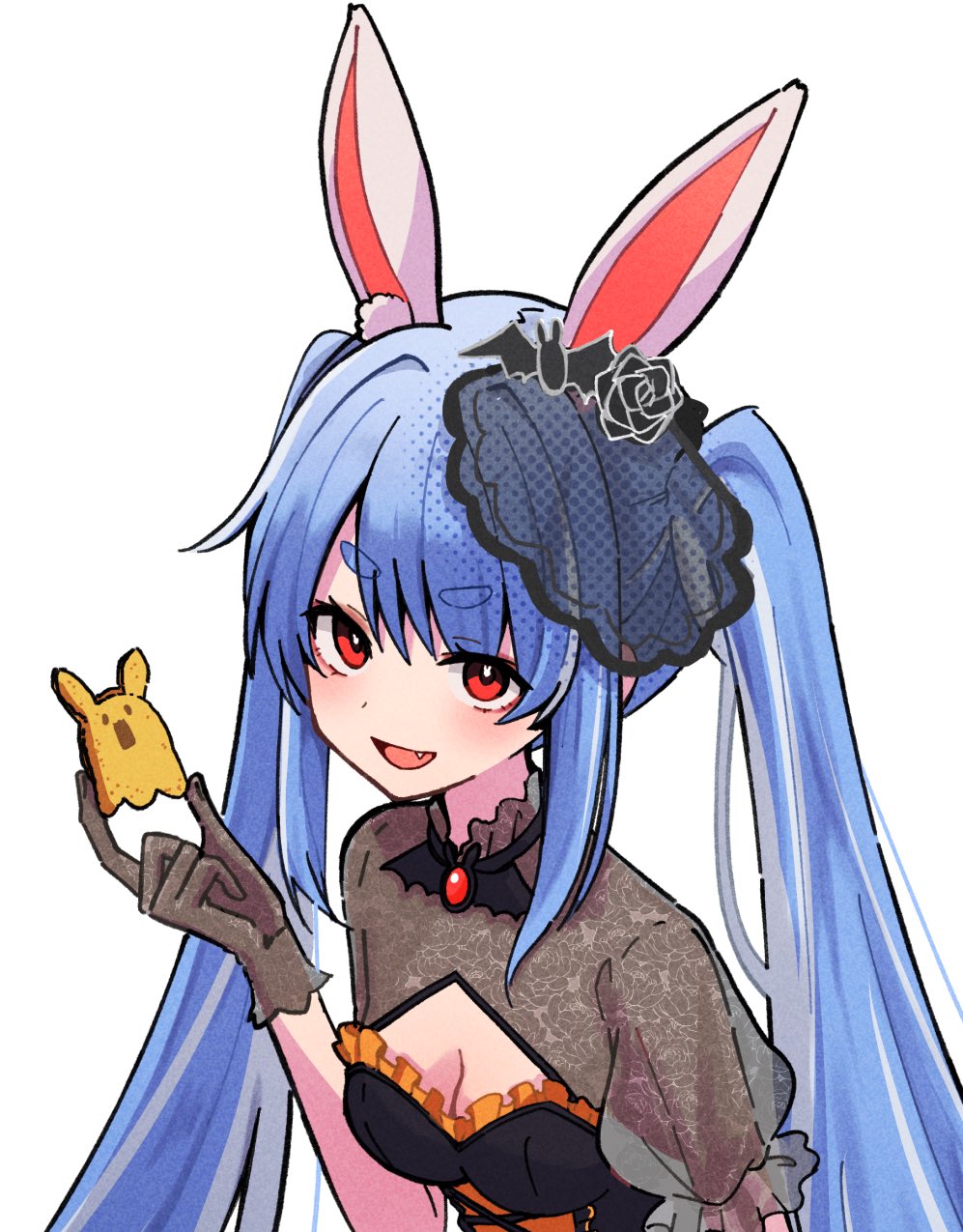 kiritoma, usada pekora, hololive, commentary request, highres, 1girl, :d, animal ear fluff, animal ears, black dress, blue hair, breasts, brooch, brown gloves, cleavage, dress, fang, frilled dress, frills, gloves, hand up, holding, jewelry, long hair, looking at viewer, medium breasts, multicolored hair, open mouth, puffy short sleeves, puffy sleeves, rabbit-shaped pupils, rabbit ears, red eyes, see-through clothes, short eyebrows, short sleeves, simple background, smile, solo, symbol-shaped pupils, thick eyebrows, twintails, two-tone hair, upper body, v-shaped eyebrows, very long hair, virtual youtuber, white background, white hair