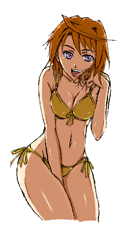 yakibuta, tokiha mai, my-hime, 00s, 1girl, :d, ahoge, backlighting, between legs, bikini, brown hair, cowboy shot, female focus, hand between legs, holding, holding own hair, oekaki, open mouth, orange hair, purple eyes, shiny skin, short hair, side-tie bikini bottom, smile, solo, swimsuit, teeth, yellow bikini