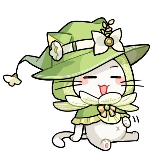momo (nikki), infinity nikki, nikki (series), rubbing stomach, artist request, official art, = =, animal, animal focus, belt, blush stickers, bow, bowtie, cat, cloak, clothed animal, ear covers, flower, frilled cloak, green cloak, green hat, happy, hat, hat bow, hat flower, hood, hood up, hooded cloak, motion lines, navel, no humans, official alternate costume, open mouth, pawpads, single stripe, sitting, smile, solo, striped bow, striped bowtie, striped clothes, transparent background, whiskers, white belt, white bow, white cat, white flower, witch hat, yellow bow, yellow bowtie