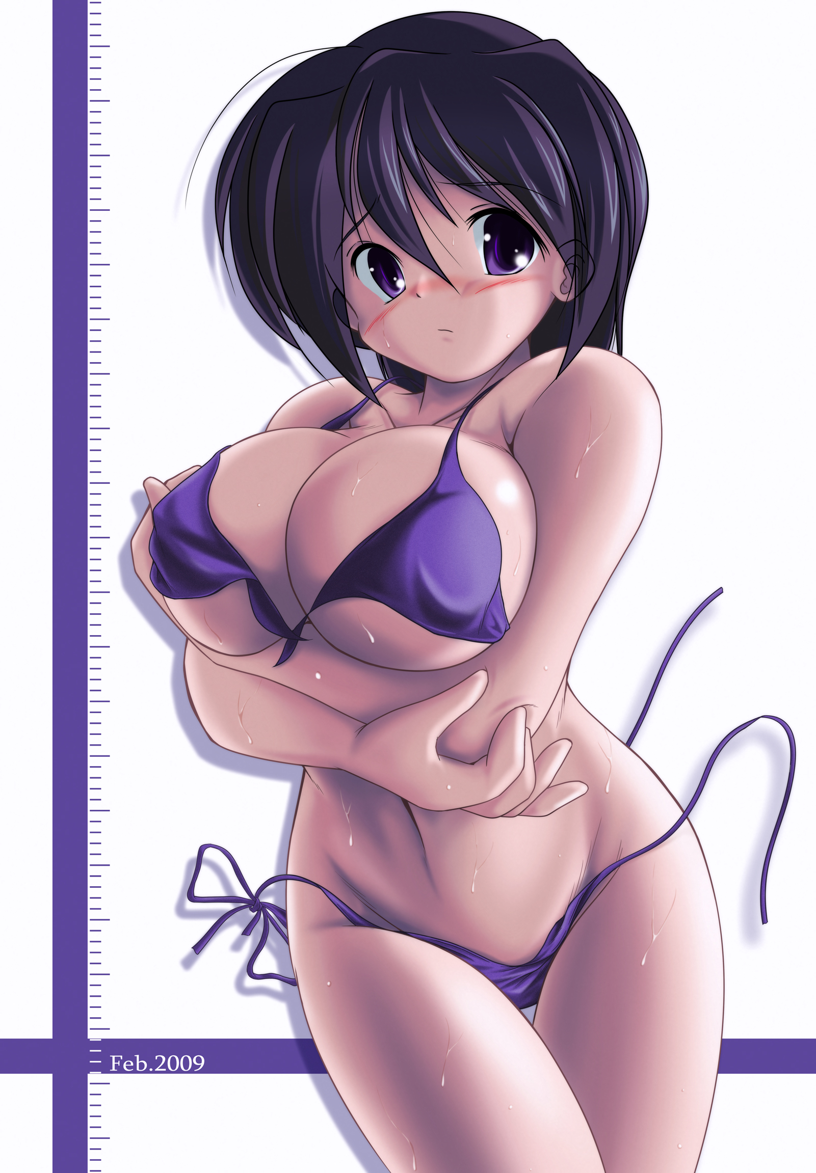 ishiyama tateka, original, breast hold, untied, highres, 1girl, bikini, blue hair, blush, breasts, female focus, huge breasts, large breasts, navel, purple eyes, ruler, short hair, side-tie bikini bottom, solo, sweat, swimsuit, wardrobe malfunction