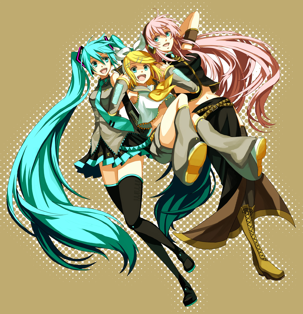 osamu (jagabata), hatsune miku, kagamine rin, megurine luka, vocaloid, highres, 3girls, aqua eyes, aqua hair, blonde hair, blue eyes, boots, detached sleeves, hair ornament, hair ribbon, hairclip, headphones, legs, long hair, midriff, multiple girls, necktie, pink hair, ribbon, sailor, sailor collar, school uniform, short hair, shorts, skirt, thighhighs, twintails, very long hair, zettai ryouiki