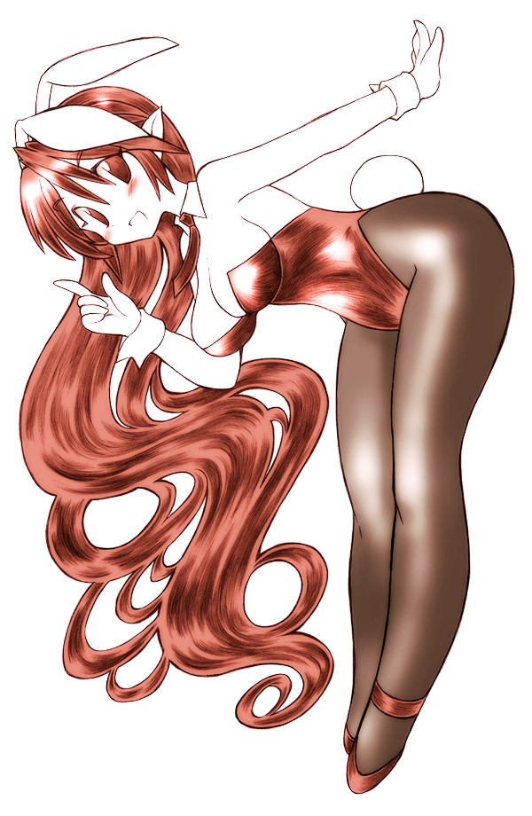 gomamiso (gomamiso sp), elba (gomamiso sti), original, 1girl, animal ears, bent over, breasts, elf, fake animal ears, female focus, large breasts, long hair, monochrome, pantyhose, playboy bunny, pointy ears, rabbit ears, red theme, simple background, smile, solo, white background, wrist cuffs