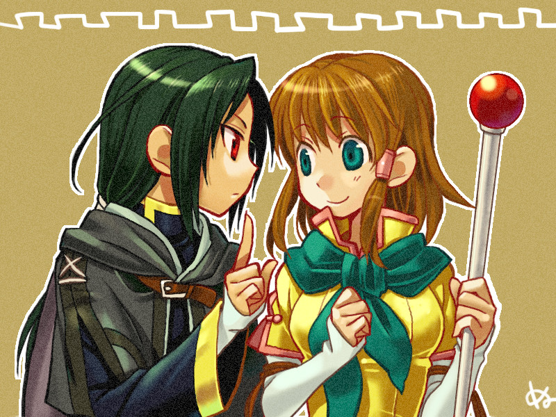 numae kaeru, mist (fire emblem), soren (fire emblem), fire emblem, fire emblem: path of radiance, nintendo, commentary request, 1boy, 1girl, brown hair, green hair, hair tubes, holding, holding staff, long hair, looking at another, medium hair, neckerchief, red eyes, smile, staff