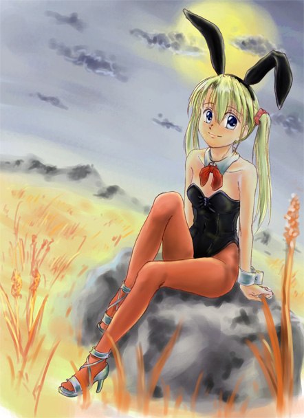 skyju, original, 1girl, animal ears, blonde hair, blue eyes, dutch angle, fake animal ears, female focus, full moon, long hair, moon, pantyhose, playboy bunny, rabbit ears, solo, twintails