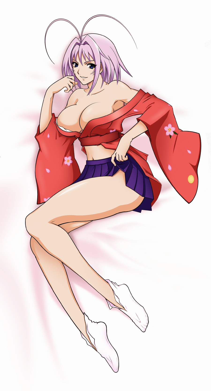 shampooneko, natsume maya, tenjou tenge, highres, antenna hair, blue eyes, breasts, cleavage, huge breasts, japanese clothes, legs, long hair, long legs, purple hair, shampoo, short hair, simple background, skirt, socks, thighs