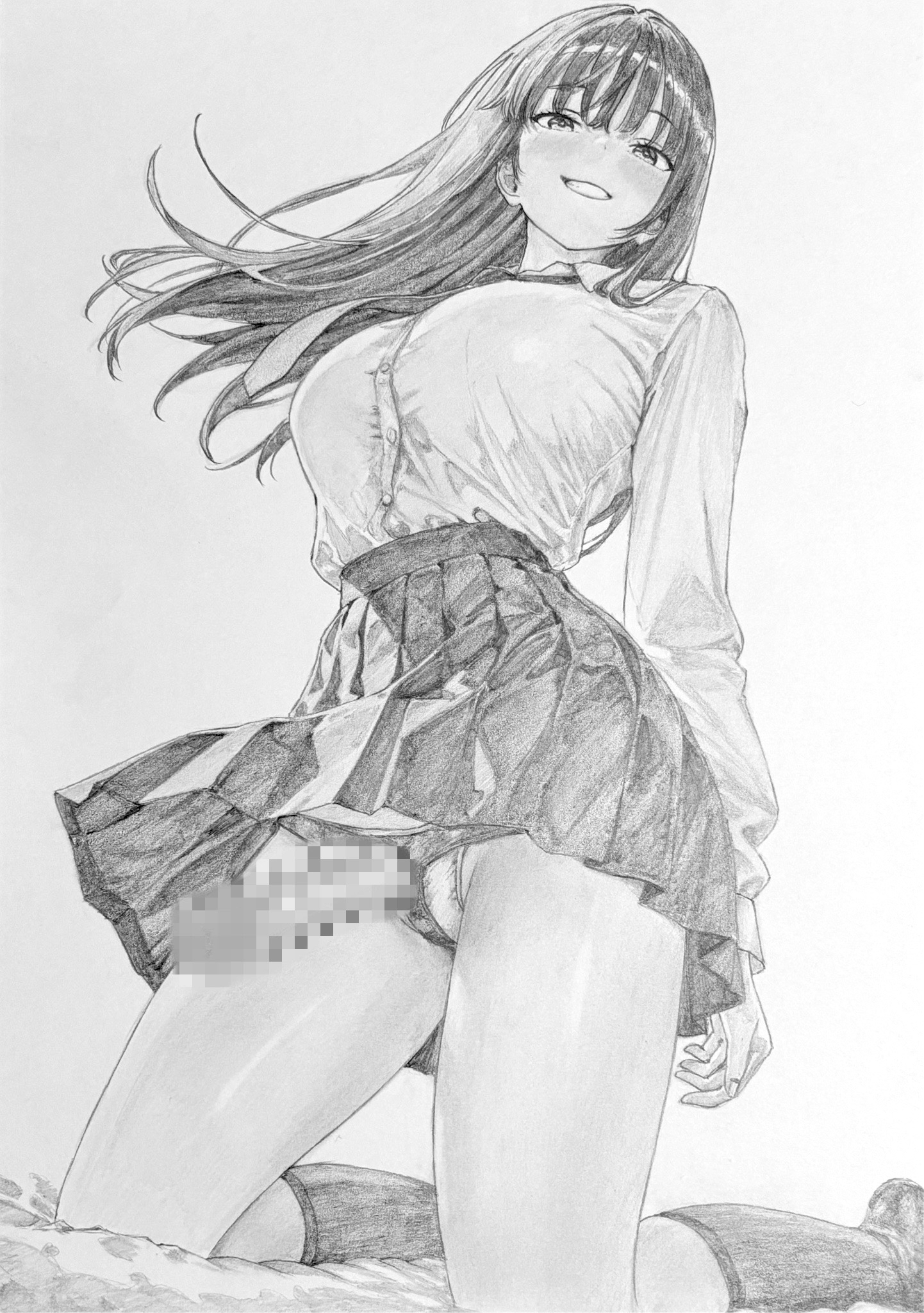 lensia, original, commentary request, graphite (medium), highres, traditional media, 1girl, breasts, censored, dildo, floating hair, from below, full body, greyscale, grin, kneeling, large breasts, long hair, long sleeves, looking at viewer, monochrome, mosaic censoring, panties, pleated skirt, school uniform, sex toy, shirt, skirt, smile, socks, solo, strap-on, underwear, wispy bangs