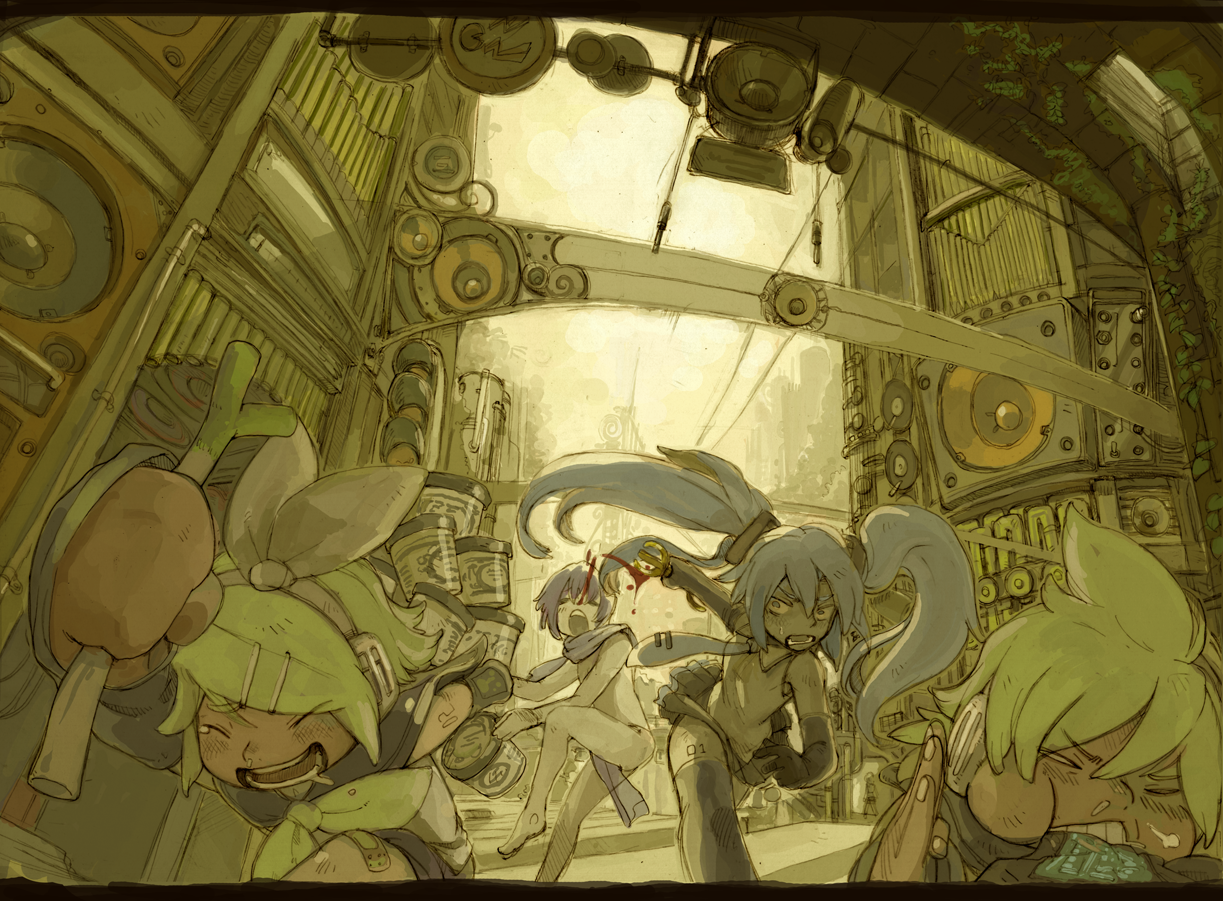 inumonaka, hatsune miku, kagamine len, kagamine rin, kaito (vocaloid), vocaloid, 2boys, 2girls, barefoot, blood, food, ice cream, multiple boys, multiple girls, nosebleed, nude, twintails