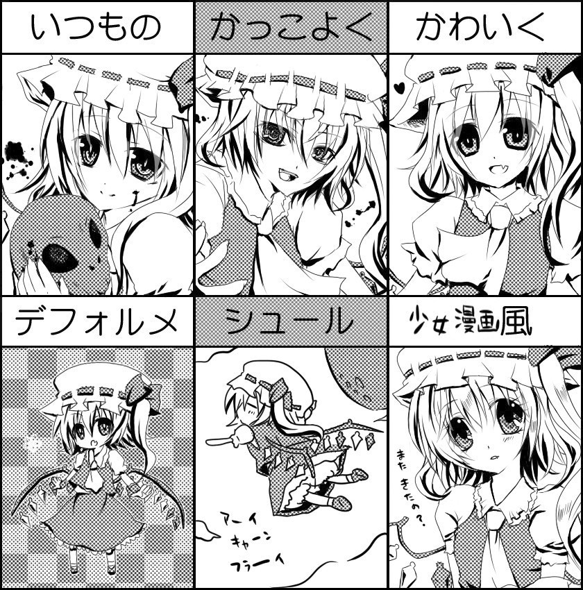 akatsuki yakyou, flandre scarlet, touhou, translation request, 1girl, chart, chibi, female focus, greyscale, monochrome, multiple expressions, parody, style parody