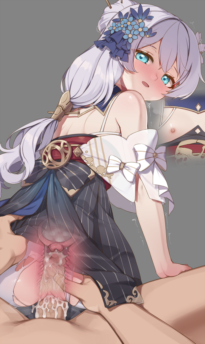 tama (tamatamo), theresa apocalypse, honkai (series), honkai impact 3rd, highres, 1boy, 1girl, bare shoulders, black dress, blue eyes, blue flower, blush, clothing aside, cum, cum in pussy, cum overflow, dress, ejaculation, flat chest, flower, grey hair, hair flower, hair ornament, hair tubes, hetero, internal cumshot, long hair, looking at viewer, looking back, nipples, open mouth, panties, panties aside, pantyhose, penis, pov, pov crotch, pov hands, pussy, sex, solo focus, torn clothes, torn pantyhose, uncensored, underwear, uterus, vaginal, very long hair, white pantyhose, x-ray