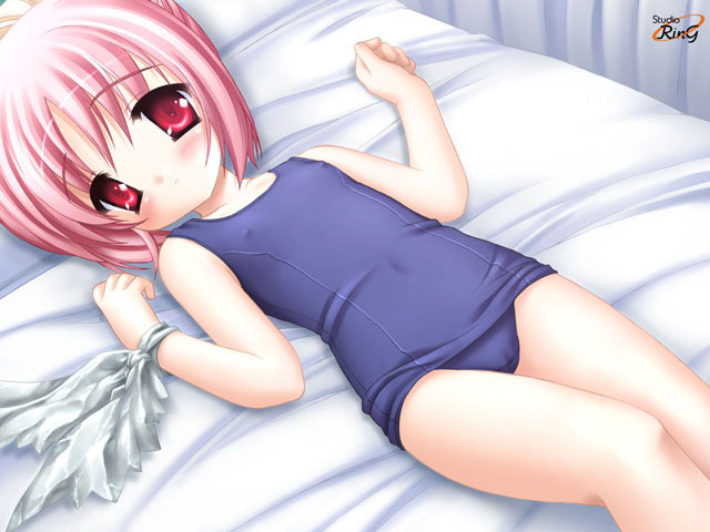 short cake-tan, shortcake (oyatsu no jikan), oyatsu no jikan, studio ring, game cg, 1girl, blue one-piece swimsuit, blue school swimsuit, blush, cameltoe, covered erect nipples, covered navel, flat chest, loli, one-piece swimsuit, pink eyes, pink hair, school swimsuit, swimsuit