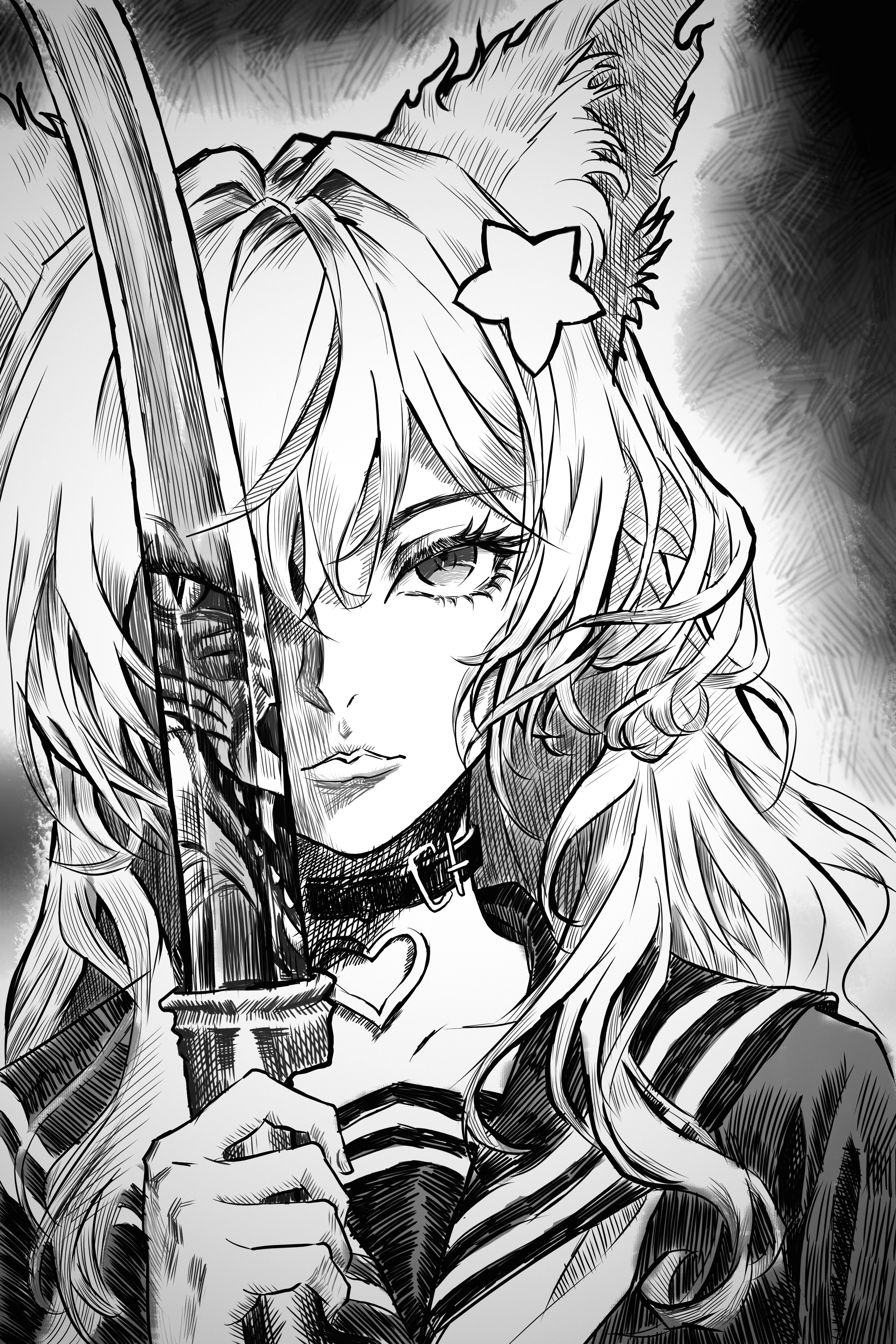 annytf, indie virtual youtuber, absurdres, commentary, copyright request, english commentary, highres, 1girl, animal ear fluff, animal ears, black choker, black sailor collar, black serafuku, choker, different reflection, fox ears, fox girl, greyscale, hair ornament, heart, holding, holding sword, holding weapon, jaguar, katana, long hair, monochrome, parted lips, reflection, sailor collar, school uniform, serafuku, solo, star (symbol), star hair ornament, sword, upper body, virtual youtuber, weapon, yngxx1895996