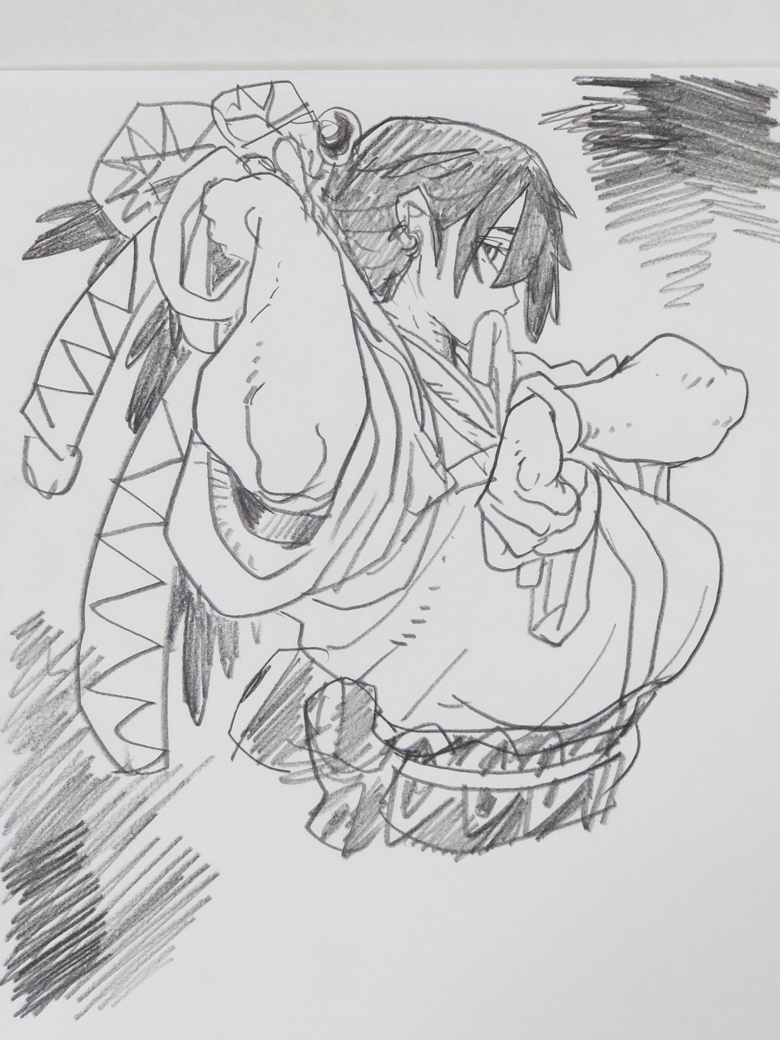 okinawanogori, original, graphite (medium), highres, traditional media, black hair, breasts, japanese clothes, large breasts, long hair, looking at viewer, monochrome, sketch