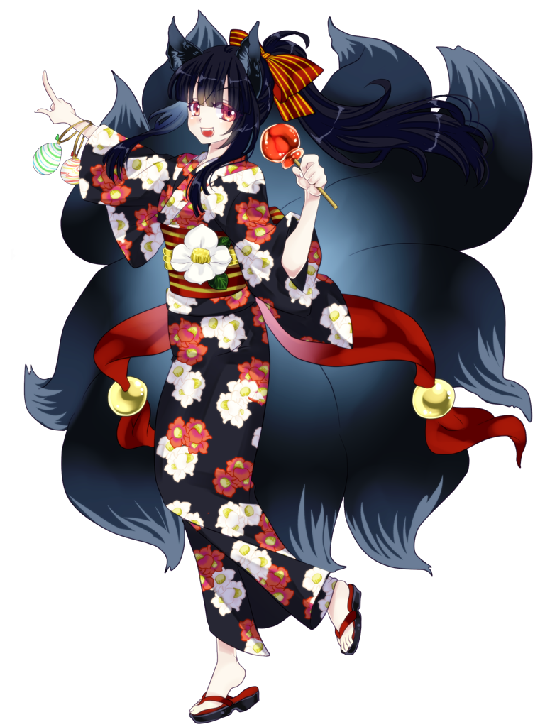 natsume you, dairoku ryouhei, 1girl, :d, akatsuki akane (dairoku ryouhei), animal ears, black hair, blunt bangs, candy apple, floral print, floral print kimono, food, fox ears, full body, japanese clothes, kimono, kitsune, kyuubi, long hair, multiple tails, open mouth, pointing, print kimono, red eyes, sandals, smile, solo, standing, tail, transparent background, water yoyo, wide sleeves