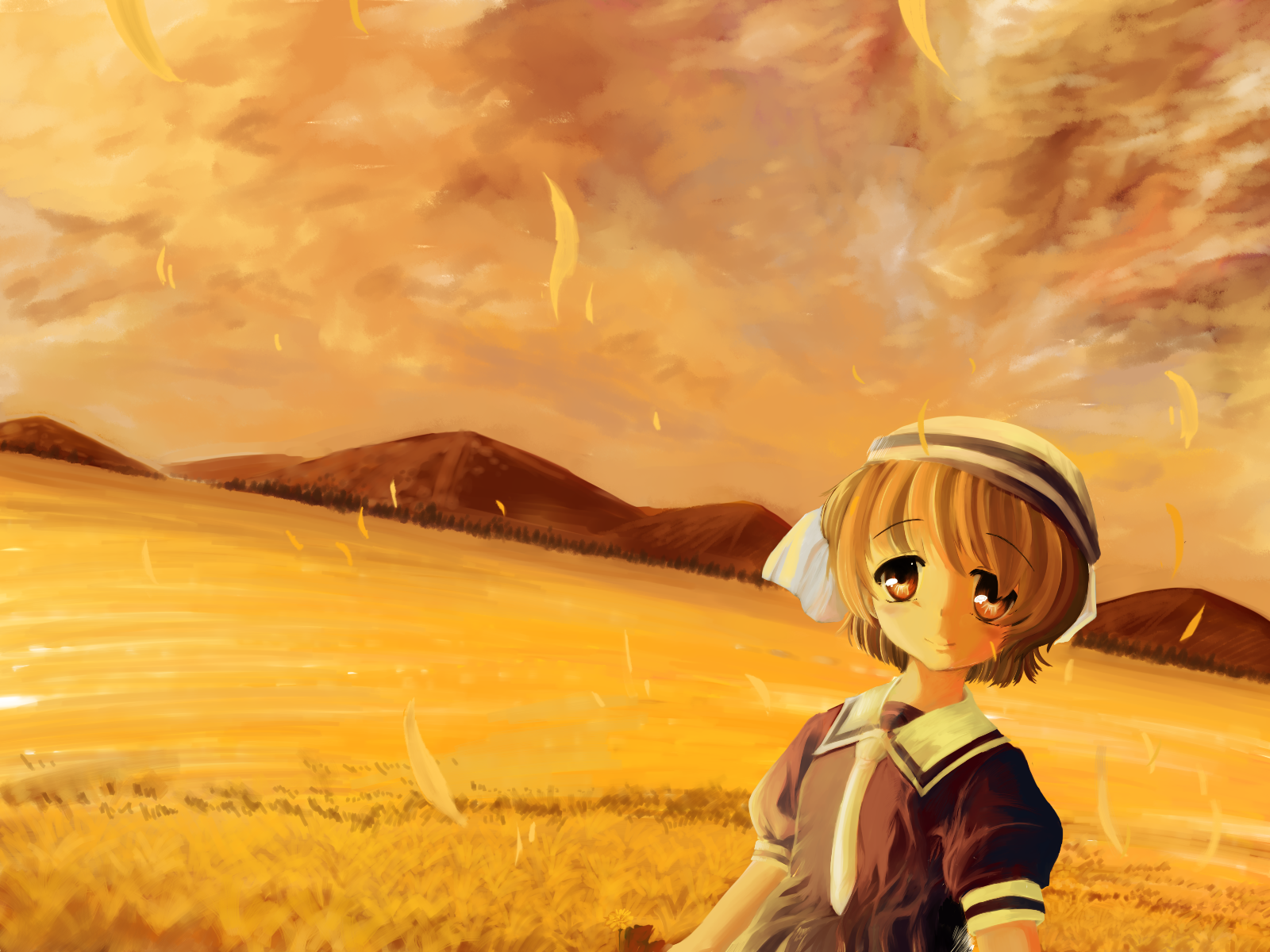 rukaori, okazaki ushio, clannad, bad id, bad pixiv id, highres, 00s, brown eyes, brown hair, dixie cup hat, dress, hat, landscape, military hat, sailor, sailor collar, short hair, solo, sunset