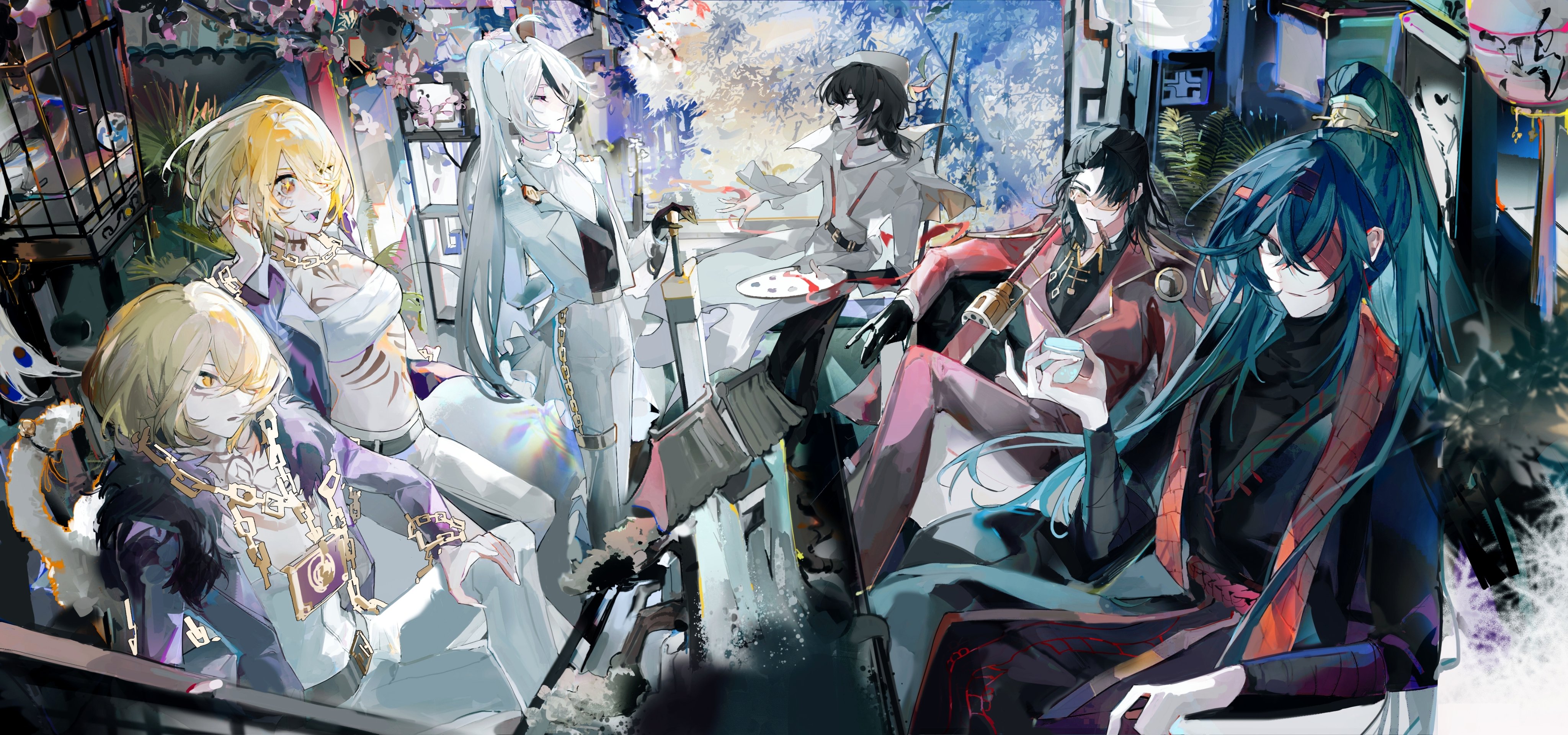 evelynyi21085, don quixote (project moon), faust (project moon), hong lu (project moon), meursault (project moon), sinclair (project moon), yi sang (project moon), limbus company, project moon, absurdres, highres, 2girls, 4boys, arm behind back, bandaged head, bandages, black gloves, black hair, black hanfu, black shirt, black vest, blonde hair, blue hair, branch, breasts, chain, chain necklace, chinese clothes, cigar, city, cleavage, closed eyes, cowboy shot, crossed legs, cup, curtained hair, day, family hierarch candidate (identity) (project moon), fern, fur trim, gloves, gold trim, hair ornament, hair slicked back, hand up, hanfu, hat, high ponytail, holding, holding cup, holding paint palette, index (identity) (project moon), jacket, jewelry, lens flare, looking at viewer, middle (identity) (project moon), multiple boys, multiple expressions, multiple girls, necklace, official alternate costume, one eye covered, outdoors, paint palette, plant, ponytail, potted plant, purple jacket, railing, red jacket, red scarf, ring (identity) (project moon), rope belt, scarf, shirt, short hair, single hair streak, sitting, smile, sparkling eyes, sports bra, stole, table, talking, teacup, thumb (identity) (project moon), tinted eyewear, tree, vest, white hair, white jacket, white shirt, window, yellow-tinted eyewear, yellow eyes