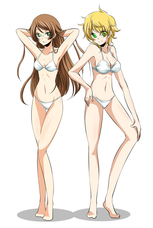 kinagi rea, billy katagiri, graham aker, gundam, gundam 00, bad id, bad pixiv id, gender request, 00s, 2girls, armpits, arms up, barefoot, bikini, blonde hair, brown hair, genderswap, glasses, green eyes, long hair, multiple girls, short hair, swimsuit