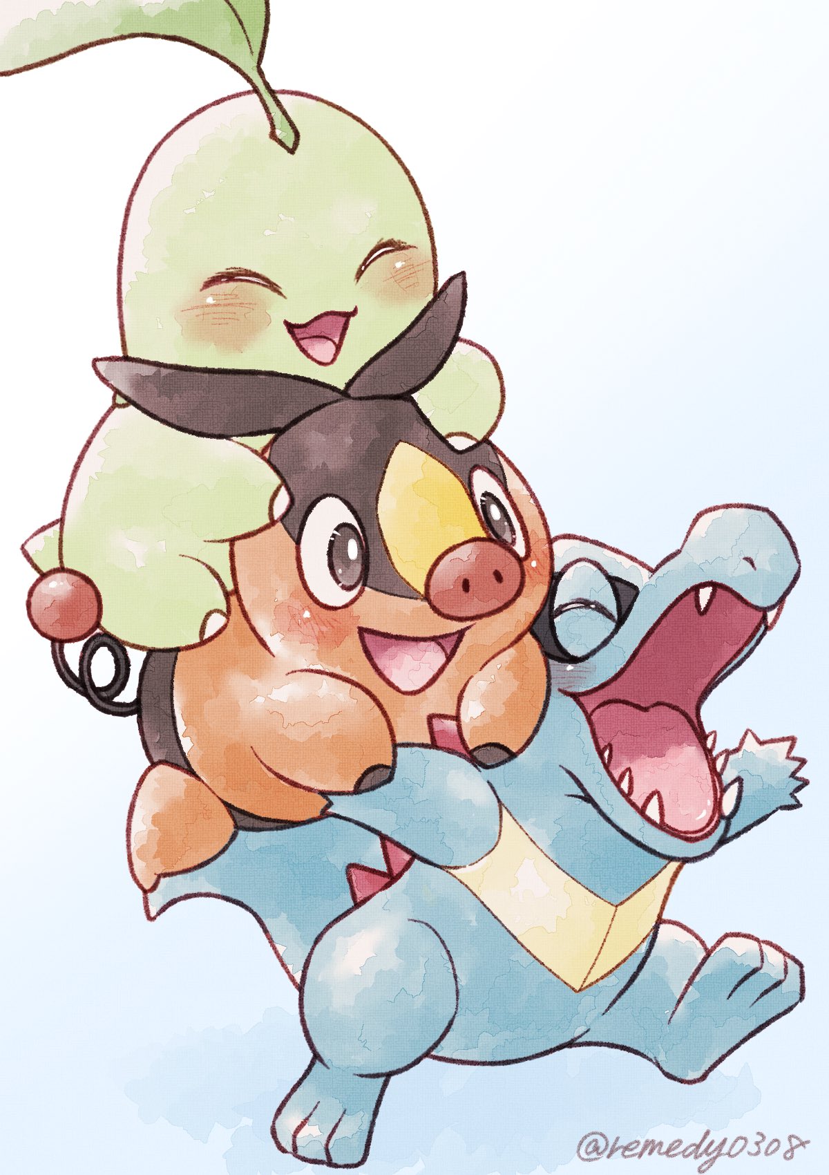 remedy matome, chikorita, tepig, totodile, nintendo, pokemon, pokemon legends: z-a, commentary request, highres, blue skin, blush, carrying, closed eyes, colored skin, fangs, gen 2 pokemon, gen 5 pokemon, gradient background, green skin, leaf, leaf on head, no humans, open mouth, orange skin, pig nose, piggyback, pokemon (creature), pokemon focus, sharp teeth, smile, starter pokemon trio, teeth, twitter username