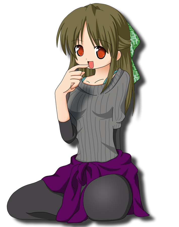 mizuki usagi, kurata sayuri, kanon, bad id, bad pixiv id, 1girl, bad proportions, brown hair, denim, female focus, jeans, kneeling, long hair, pants, pantyhose, poorly drawn, red eyes, solo, sweater