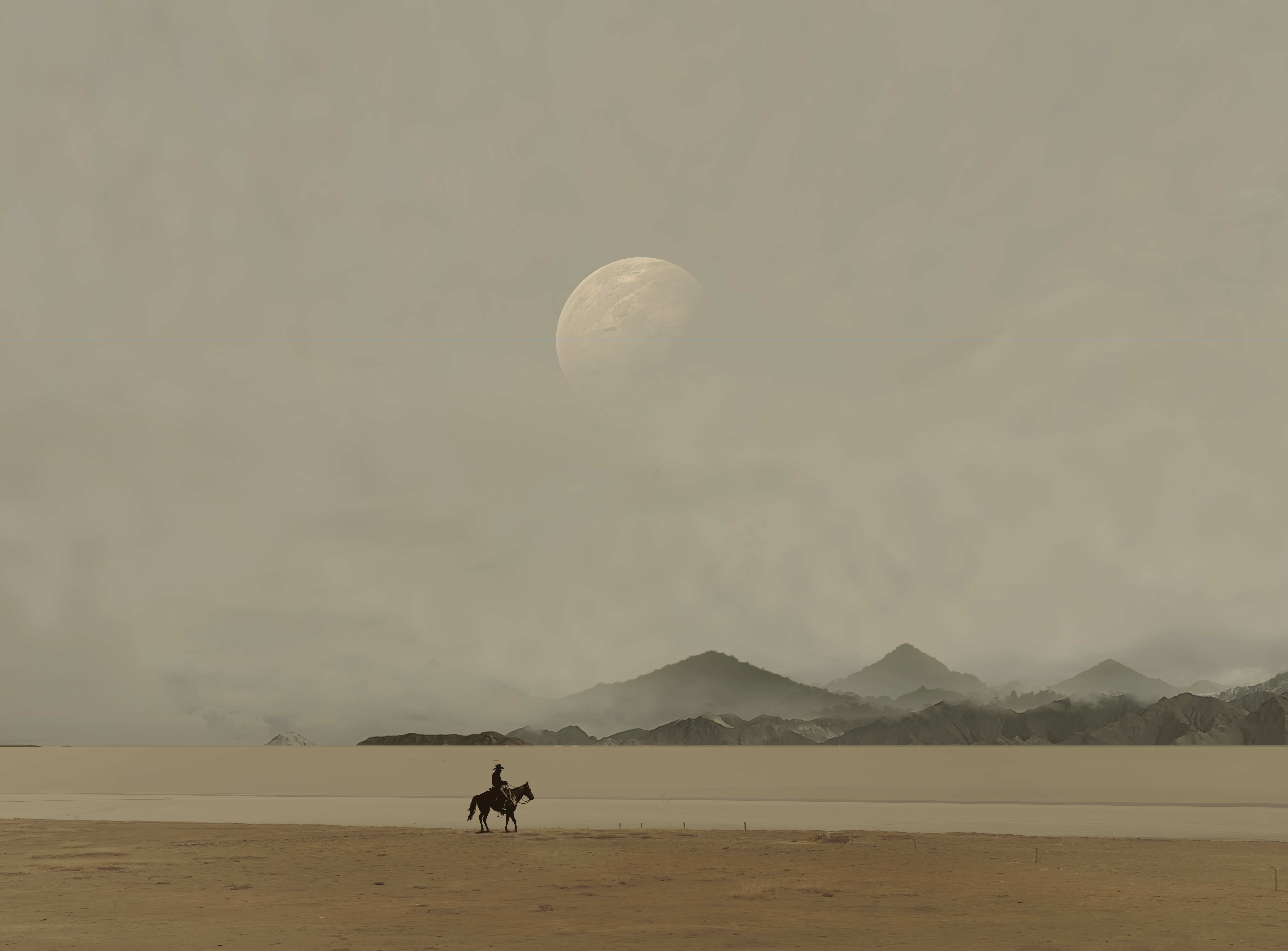 original, absurdres, commentary, commentary request, english commentary, highres, mixed-language commentary, 1other, ambiguous gender, day, desert, grey sky, horseback riding, moon, mountainous horizon, outdoors, photorealistic, realistic, riding, scenery, sky, uoor (pixiv 22531933), very wide shot