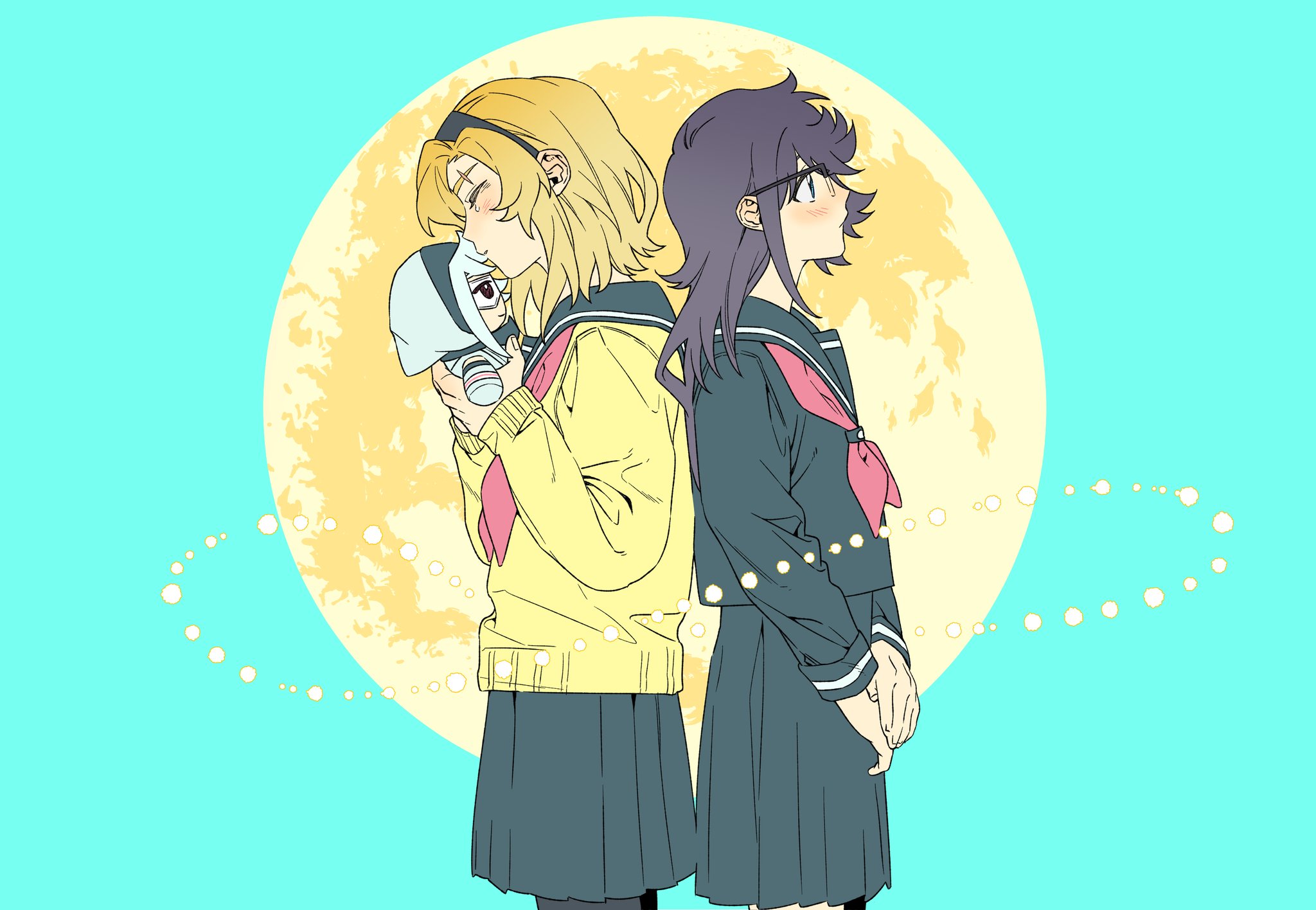 jiguang haibao, koishikawa iko, momijiyama teru, shy (series), highres, 2girls, alternate hairstyle, back-to-back, black hair, black headband, black pantyhose, black sailor collar, black shirt, black skirt, blue eyes, cardigan, character doll, closed eyes, doll, full moon, headband, holding, holding doll, implied yuri, kiss, kissing forehead, long sleeves, medium hair, moon, multiple girls, neckerchief, pantyhose, pleated skirt, red neckerchief, sailor collar, scar, scar across eyebrow, scar on face, school uniform, semi-rimless eyewear, serafuku, shirt, simple background, skirt, yellow cardigan, yellow serafuku, yellow shirt