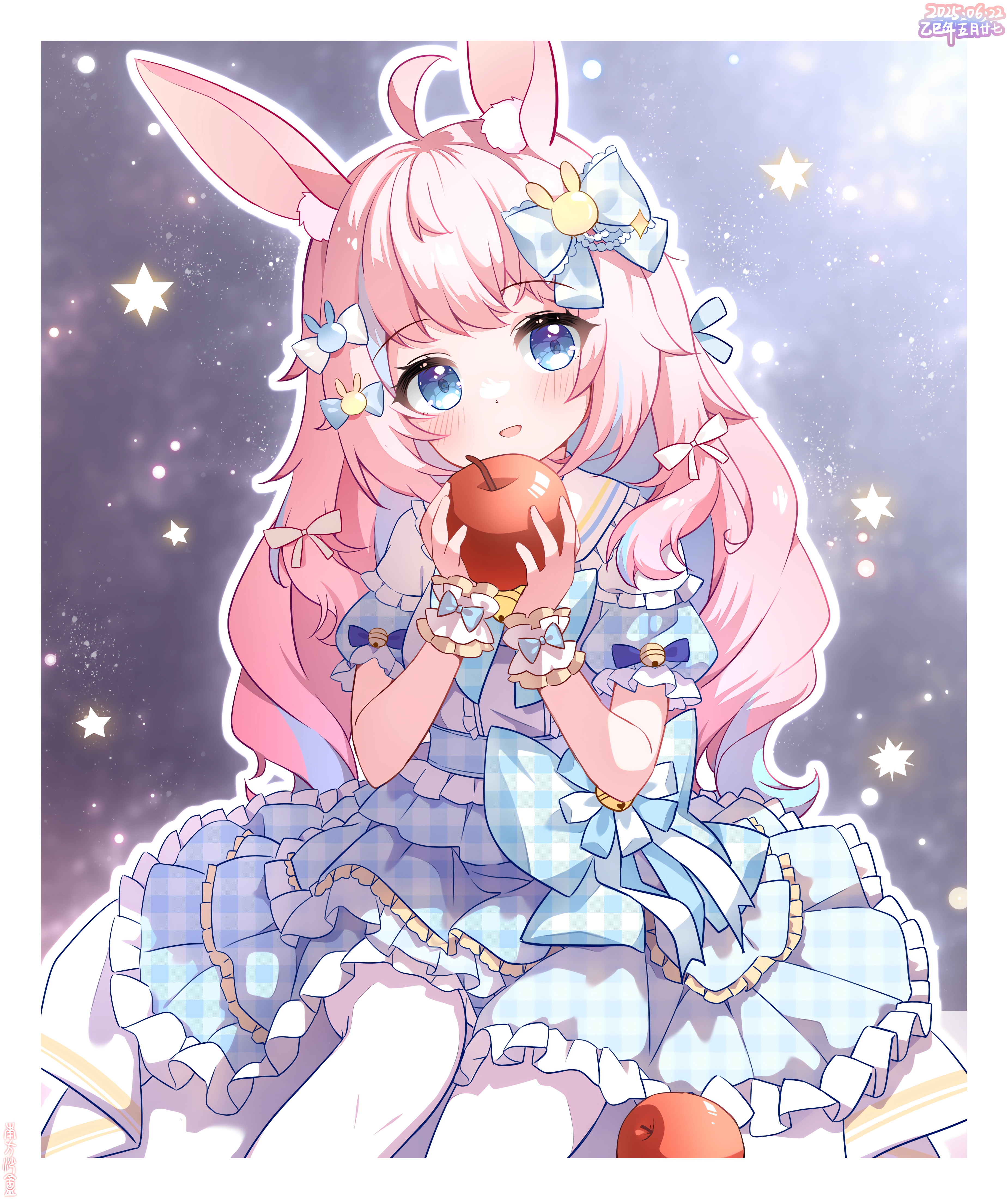 southernsandbox, original, absurdres, highres, 1girl, ahoge, animal ear fluff, animal ears, apple, blue bow, blue dress, blue eyes, blue hair, blush, bow, colored inner hair, dress, food, food-themed hair ornament, frilled dress, frills, fruit, hair bow, hair ornament, hands up, holding, holding food, holding fruit, long hair, looking at viewer, multicolored hair, open mouth, pantyhose, parted lips, pink hair, plaid clothes, plaid dress, puffy short sleeves, puffy sleeves, purple hair, rabbit ears, rabbit hair ornament, short sleeves, sitting, skirt, smile, solo, star (symbol), streaked hair, very long hair, virtual youtuber, white bow, white pantyhose, wrist cuffs