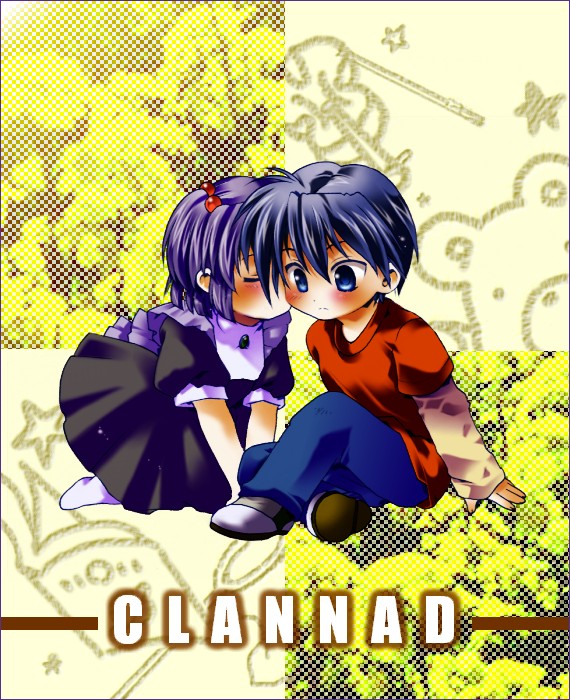 tgc, ichinose kotomi, okazaki tomoya, clannad, 00s, 1boy, 1girl, aged down, blue eyes, blue hair, child, closed eyes, dress, hair bobbles, hair ornament, hetero, kiss, short hair, thighhighs, two side up