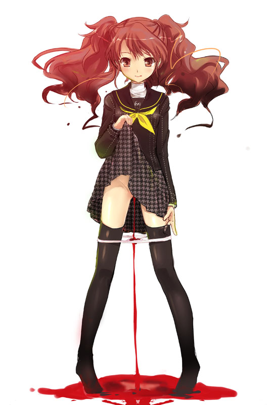 kouguchi moto, kujikawa rise, atlus, persona, persona 4, bad id, bad pixiv id, duplicate, 1girl, blood, blood on panties, blush, clothes lift, female focus, houndstooth, inkblot test, legs, menstrual blood, menstruation, panties, panty pull, red eyes, red hair, school uniform, serafuku, skirt, skirt lift, smile, solo, thighhighs, twintails, underwear, upskirt, white panties