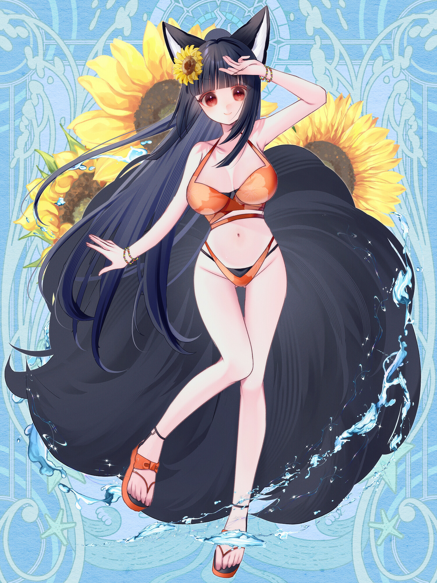 m e w xx, dairoku ryouhei, highres, 1girl, akatsuki akane (dairoku ryouhei), animal ears, arm up, bead bracelet, beads, bikini, black hair, blue background, blunt bangs, bracelet, breasts, flower, full body, gluteal fold, hair flower, hair ornament, jewelry, large breasts, long hair, navel, orange bikini, red eyes, sandals, smile, solo, sunflower, swimsuit, very long hair, water