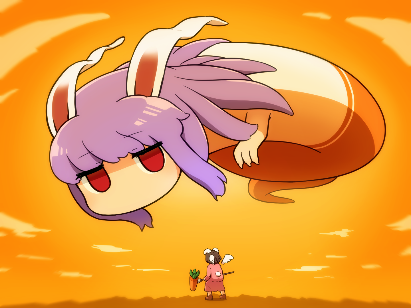 shirosato, inaba tewi, reisen udongein inaba, touhou, commentary, parody request, symbol-only commentary, 2girls, animal ears, brown hair, detached wings, dress, flying, full body, kine, long hair, mallet, multiple girls, orange sky, parody, pink dress, purple hair, rabbit ears, rabbit girl, rabbit tail, red eyes, short hair, sky, standing, tail, white wings, wings