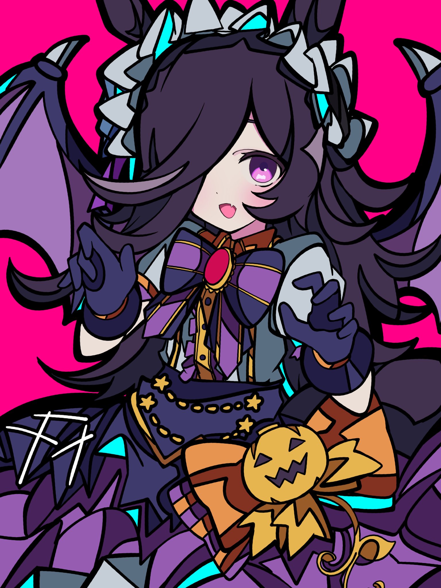 kikkasoon, rice shower (make up vampire!) (umamusume), rice shower (umamusume), umamusume, highres, animal ears, bat wings, blue flower, blue rose, claw pose, flipped hair, flower, frilled hairband, frills, gloves, hair over one eye, hairband, halloween, halloween costume, hat over hood, horse ears, horse girl, horse tail, jack-o'-lantern ornament, lace, lace-trimmed gloves, lace trim, puffy short sleeves, puffy sleeves, purple gloves, purple wings, rose, short sleeves, spider web print, tail, wings