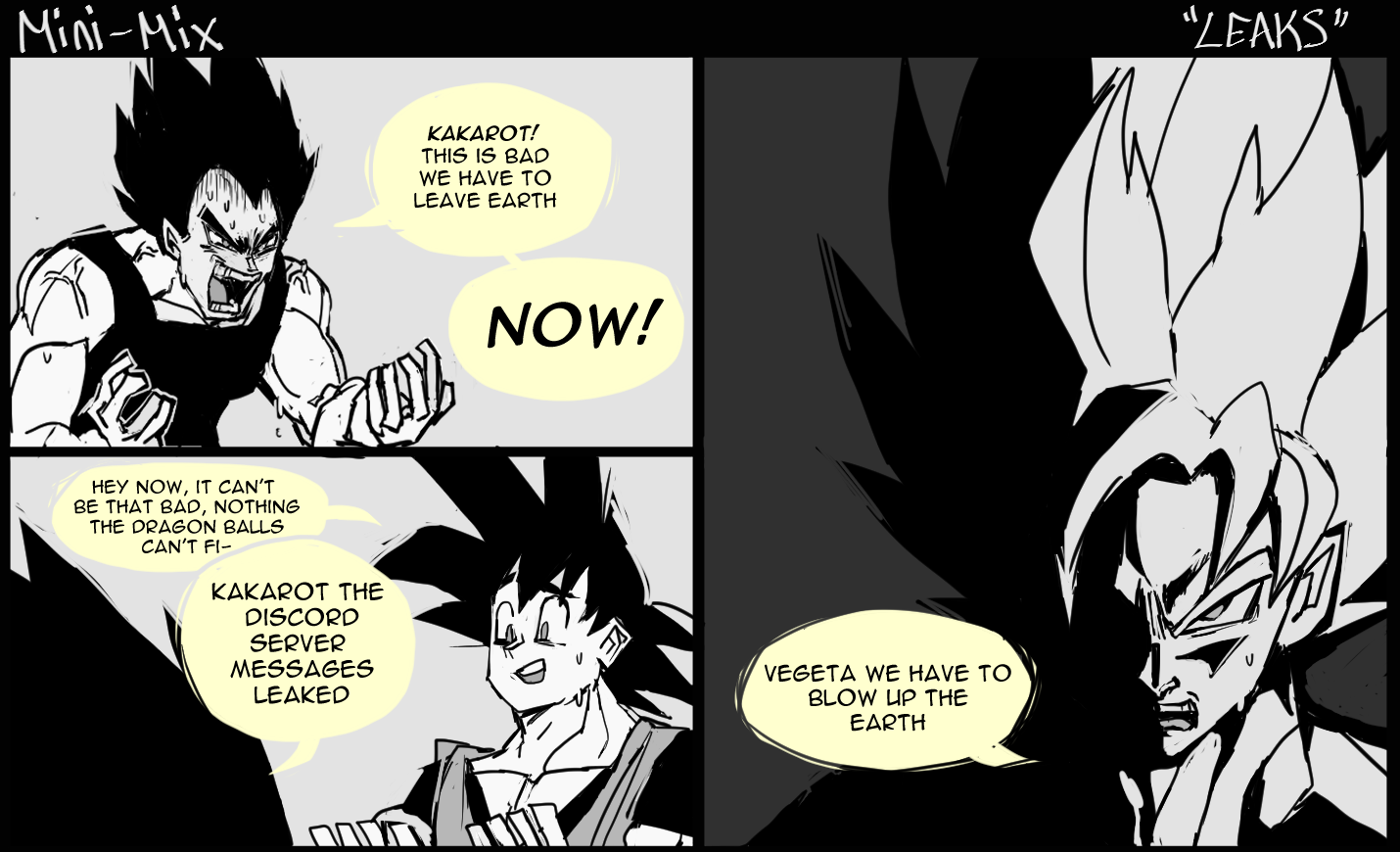 genc, son goku, vegeta, dragon ball, dragonball z, commentary, english commentary, 2boys, english text, greyscale, looking at another, male focus, monochrome, multiple boys, muscular, muscular male, open mouth, spiked hair, super saiyan, tank top, upper body